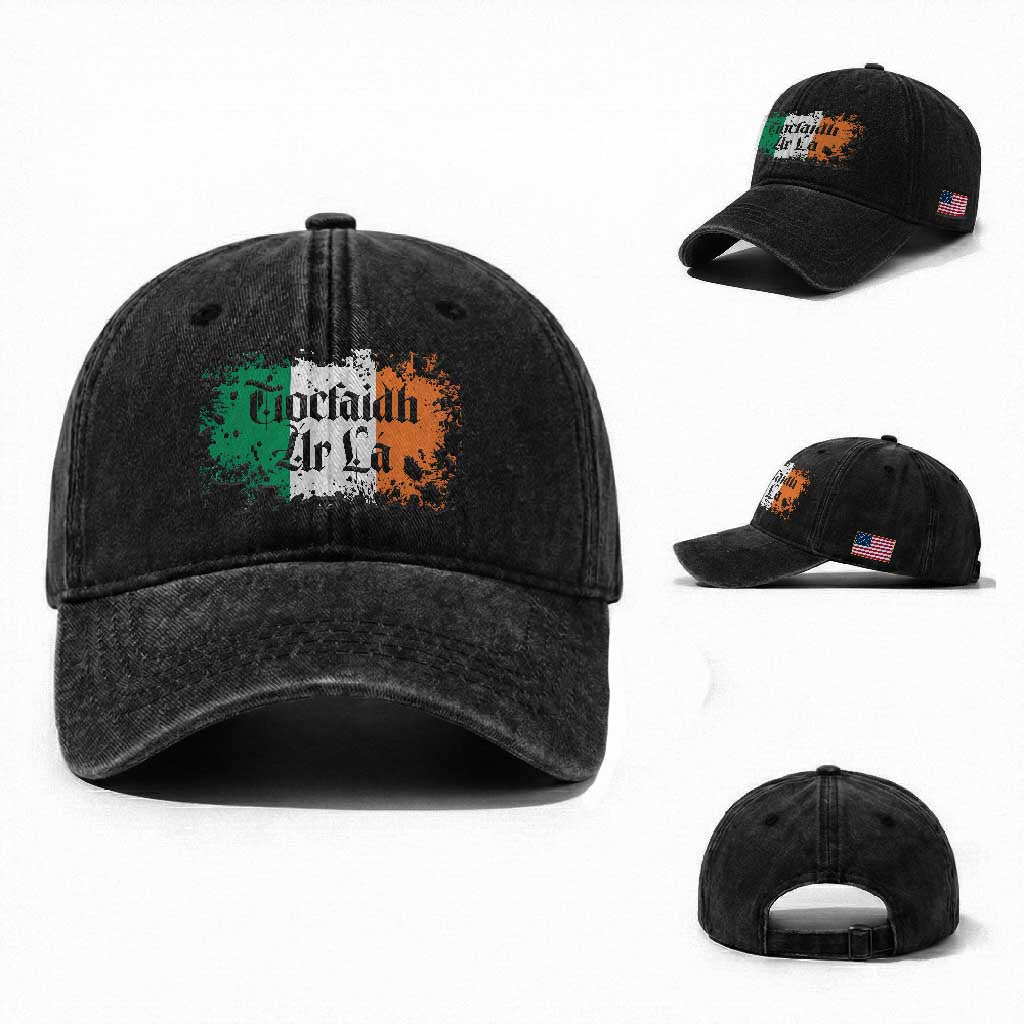 Tiocfaidh Ar La Washed Cotton Baseball Cap Vintage Irish Ireland Flag TS11 Washed Cap Universal Fit Black Print Your Wear