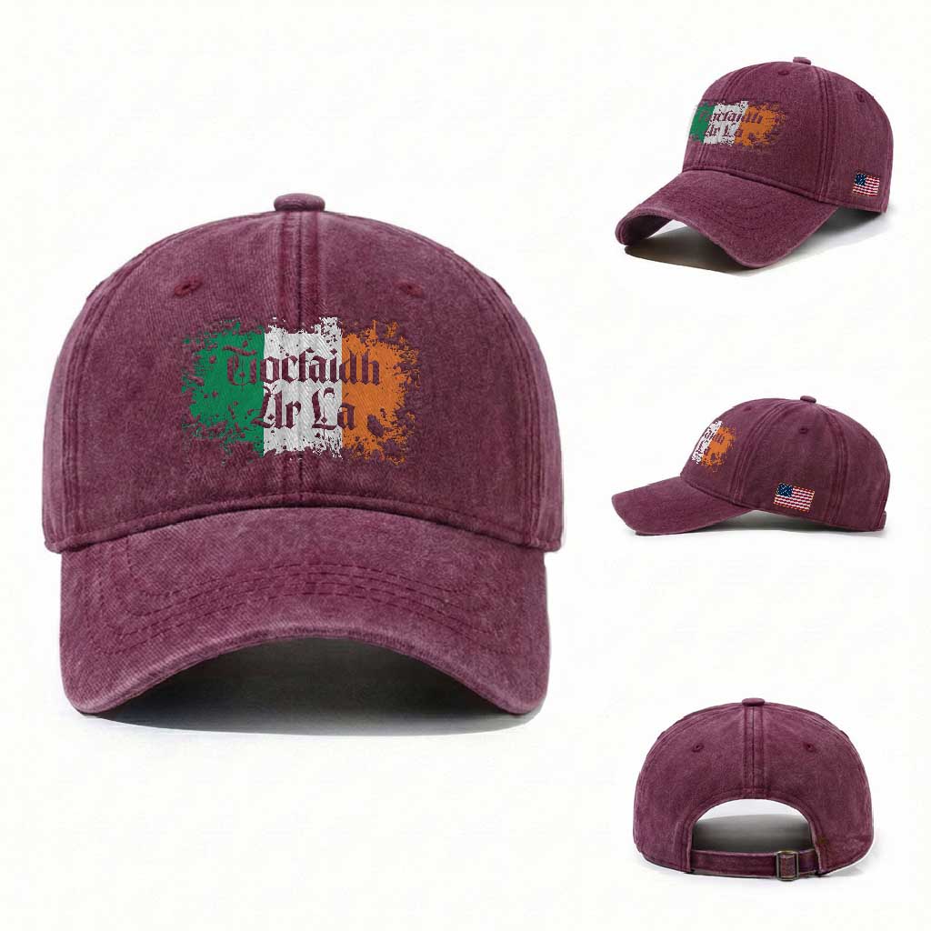 Tiocfaidh Ar La Washed Cotton Baseball Cap Vintage Irish Ireland Flag TS11 Washed Cap Universal Fit Burgundy Print Your Wear