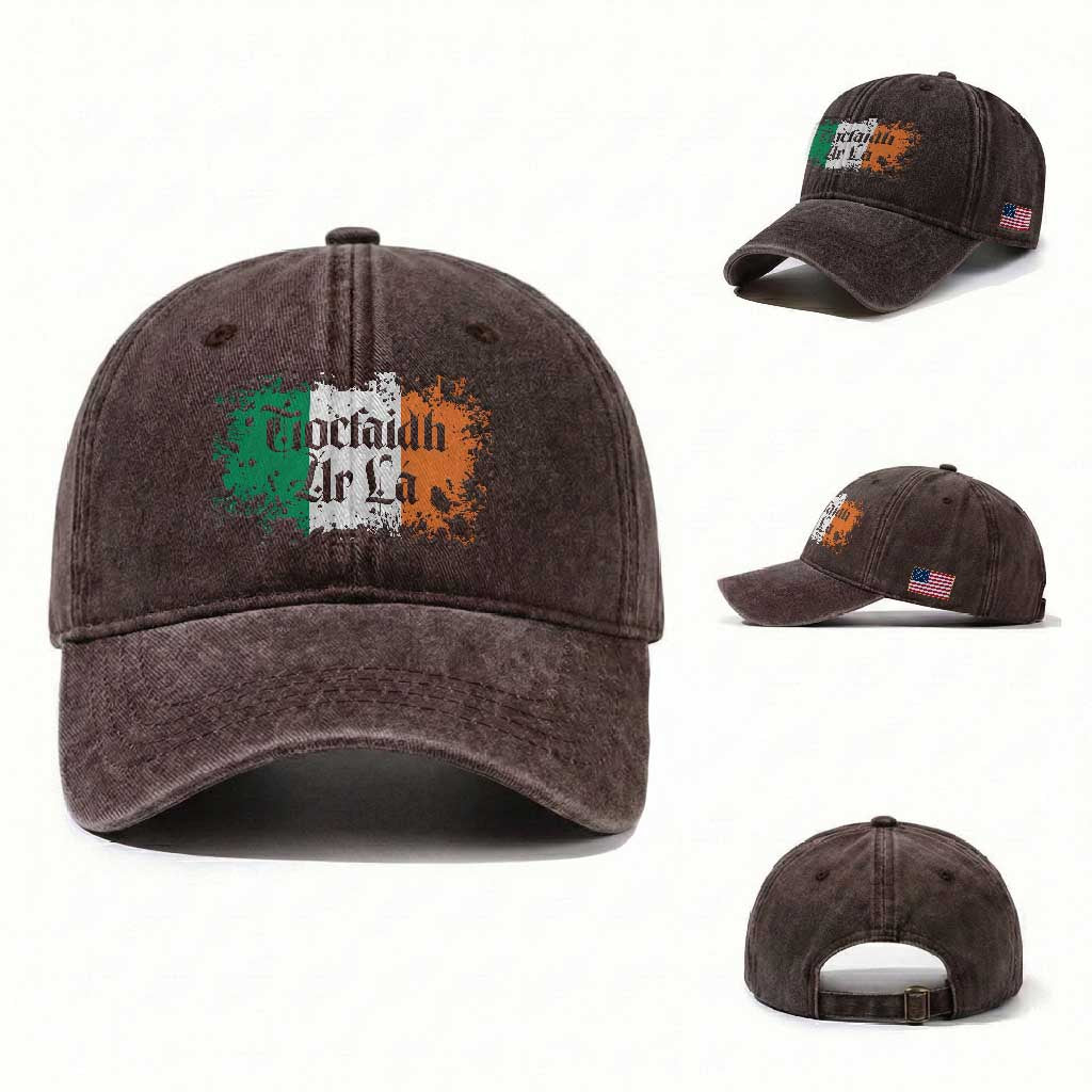 Tiocfaidh Ar La Washed Cotton Baseball Cap Vintage Irish Ireland Flag TS11 Washed Cap Universal Fit Dark Brown Print Your Wear