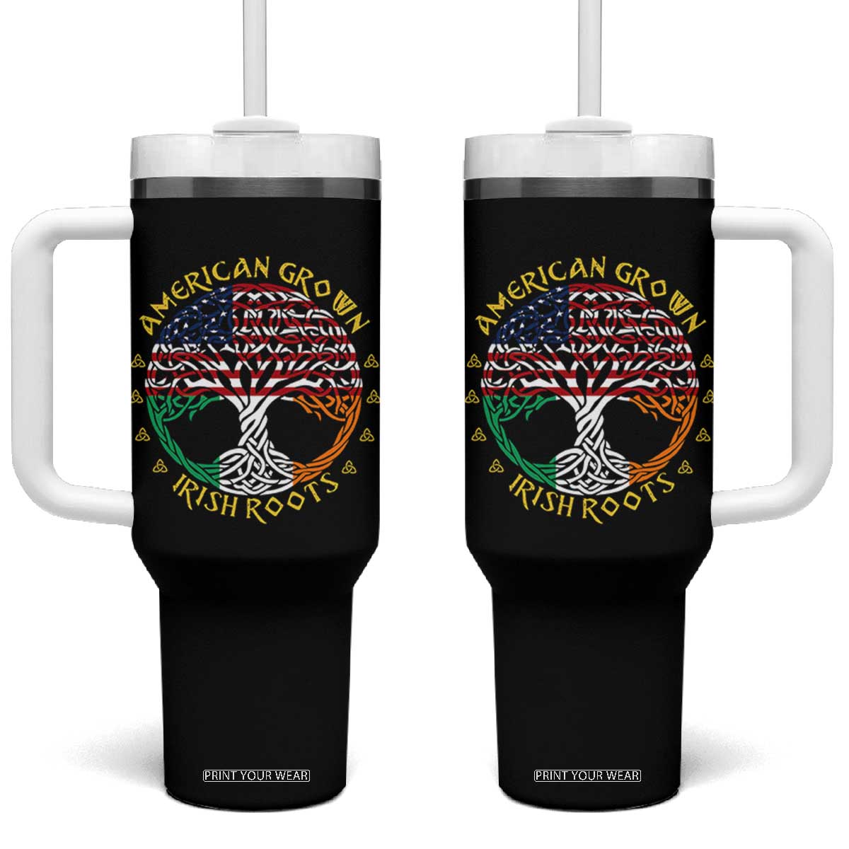American Grown With Irish Roots Tumbler With Handle Irish American Tree TS11 One Size: 40 oz Black Print Your Wear