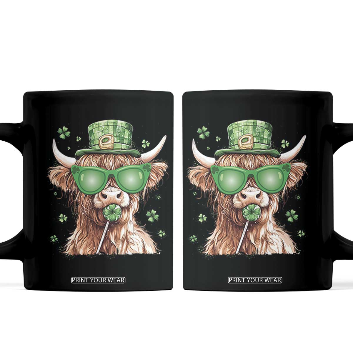 Funny St Patrick's Day Highland Cow Shamrock Coffee Mug TS11 Black Print Your Wear