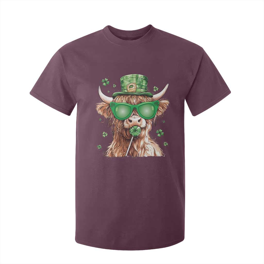 Funny St Patrick's Day Highland Cow Shamrock T Shirt For Kid TS11 Maroon Print Your Wear