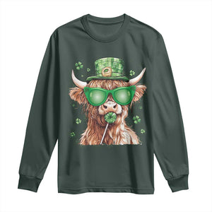 Funny St Patrick's Day Highland Cow Shamrock Long Sleeve Shirt TS11 Dark Forest Green Print Your Wear