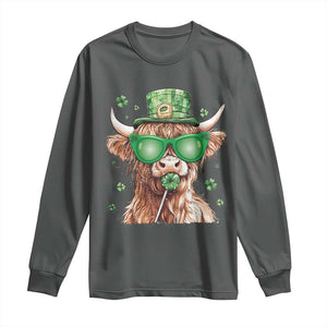 Funny St Patrick's Day Highland Cow Shamrock Long Sleeve Shirt TS11 Dark Heather Print Your Wear