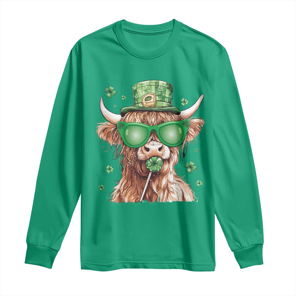 Funny St Patrick's Day Highland Cow Shamrock Long Sleeve Shirt TS11 Irish Green Print Your Wear