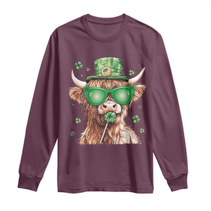 Funny St Patrick's Day Highland Cow Shamrock Long Sleeve Shirt TS11 Maroon Print Your Wear