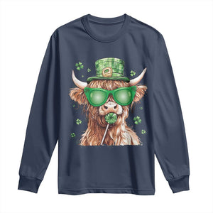 Funny St Patrick's Day Highland Cow Shamrock Long Sleeve Shirt TS11 Navy Print Your Wear