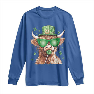 Funny St Patrick's Day Highland Cow Shamrock Long Sleeve Shirt TS11 Royal Blue Print Your Wear