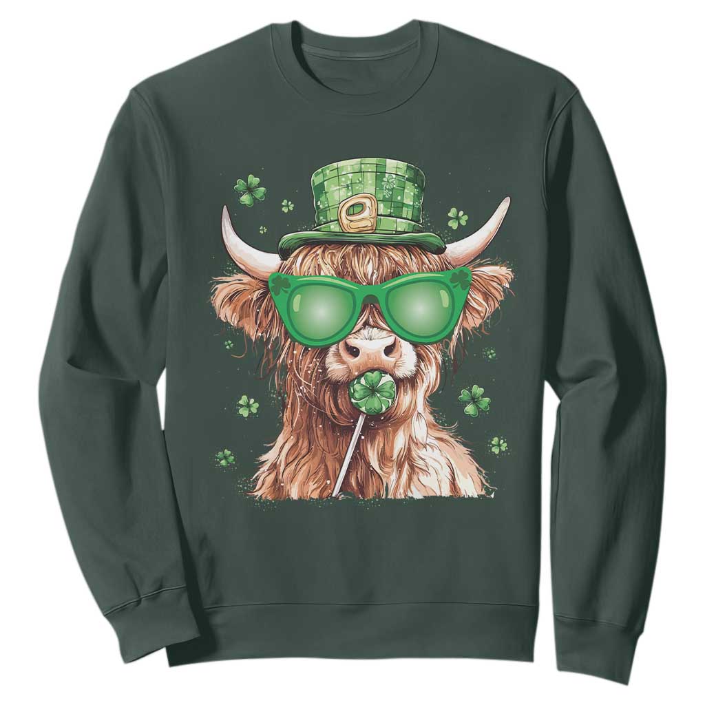 Funny St Patrick's Day Highland Cow Shamrock Sweatshirt TS11 Dark Forest Green Print Your Wear