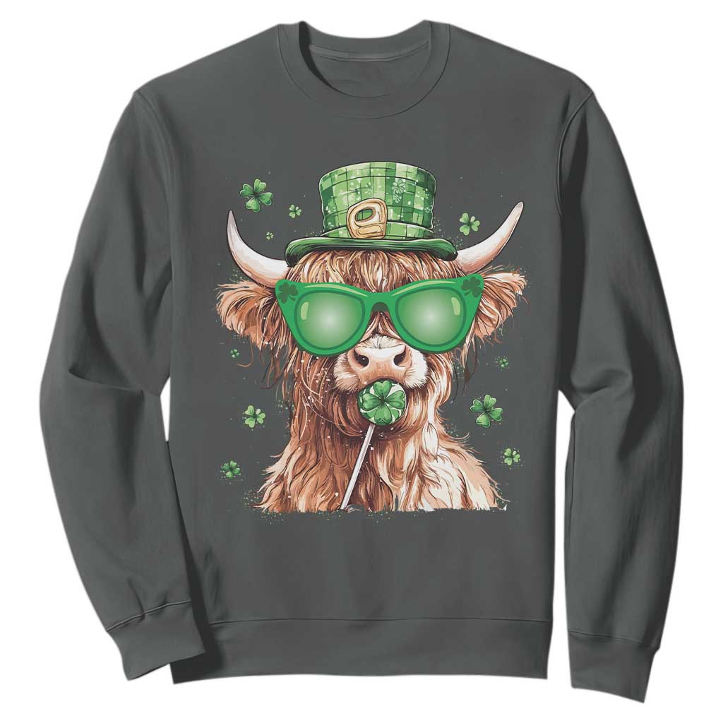 Funny St Patrick's Day Highland Cow Shamrock Sweatshirt TS11 Dark Heather Print Your Wear