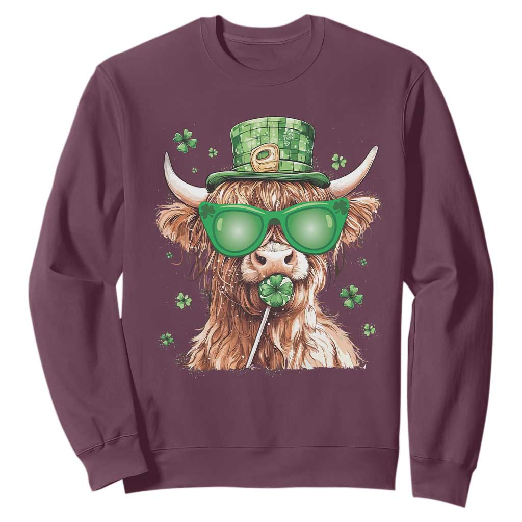 Funny St Patrick's Day Highland Cow Shamrock Sweatshirt TS11 Maroon Print Your Wear