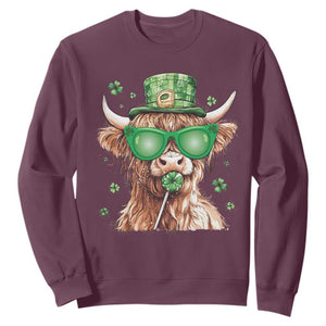 Funny St Patrick's Day Highland Cow Shamrock Sweatshirt TS11 Maroon Print Your Wear
