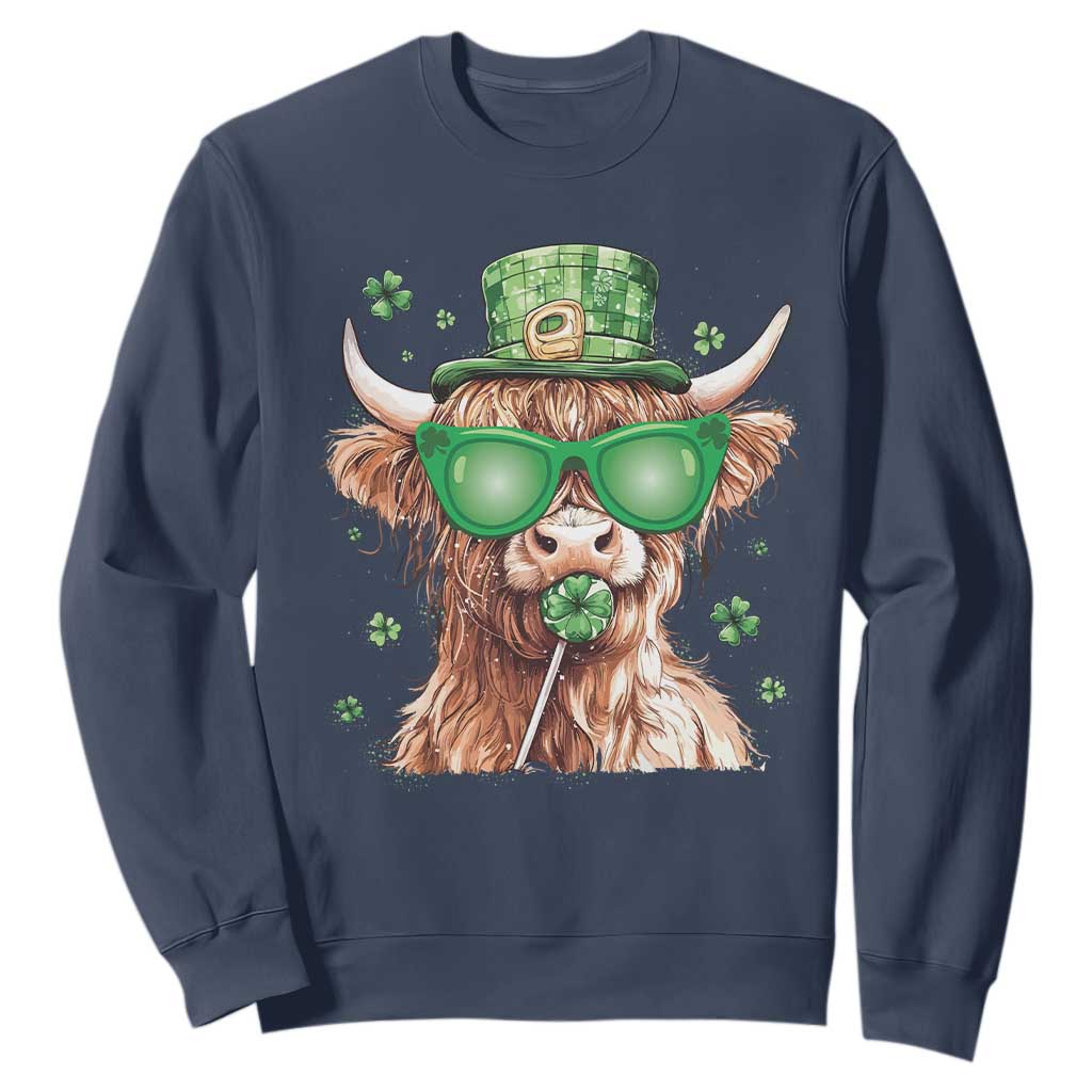 Funny St Patrick's Day Highland Cow Shamrock Sweatshirt TS11 Navy Print Your Wear