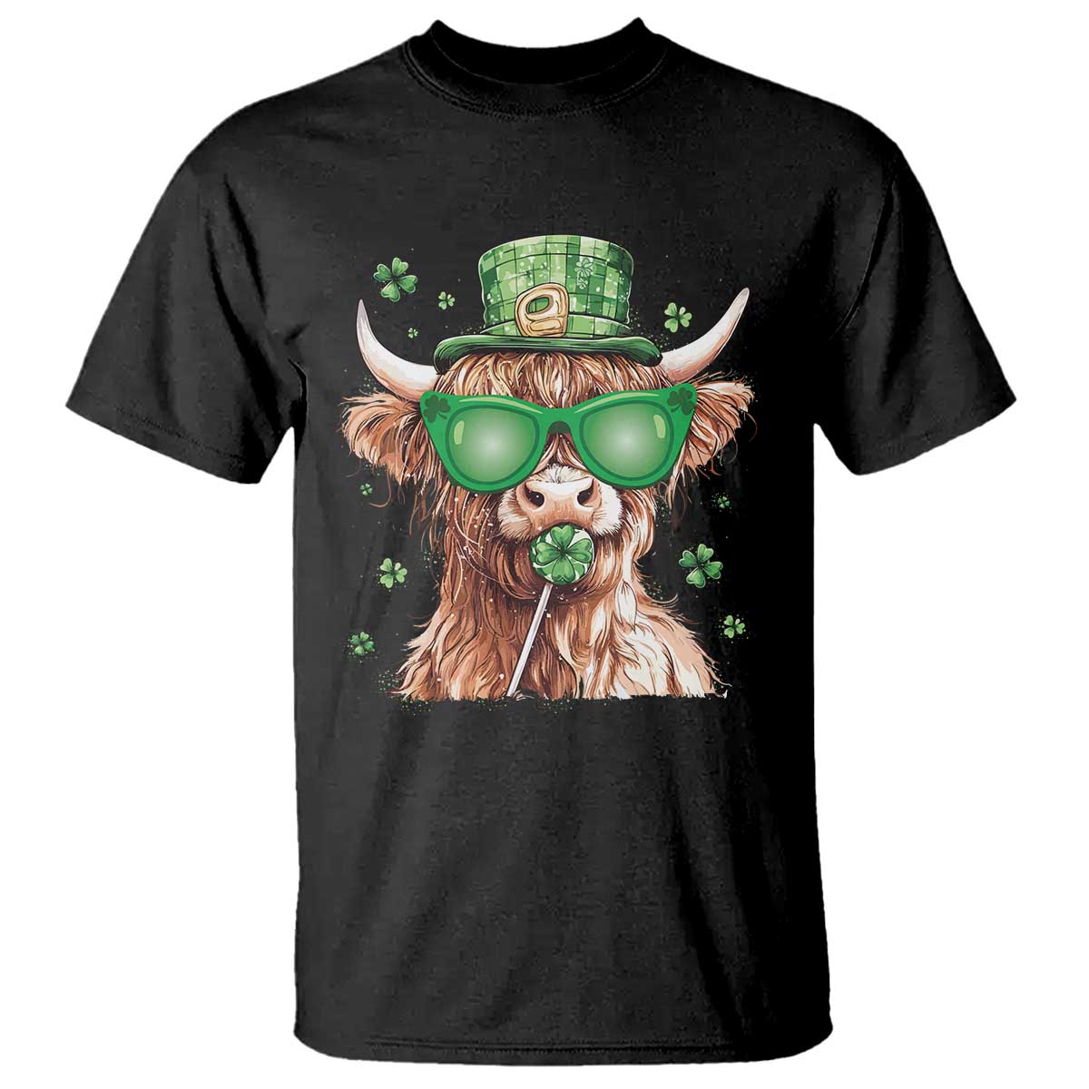 Funny St Patrick's Day Highland Cow Shamrock T Shirt TS11 Black Print Your Wear