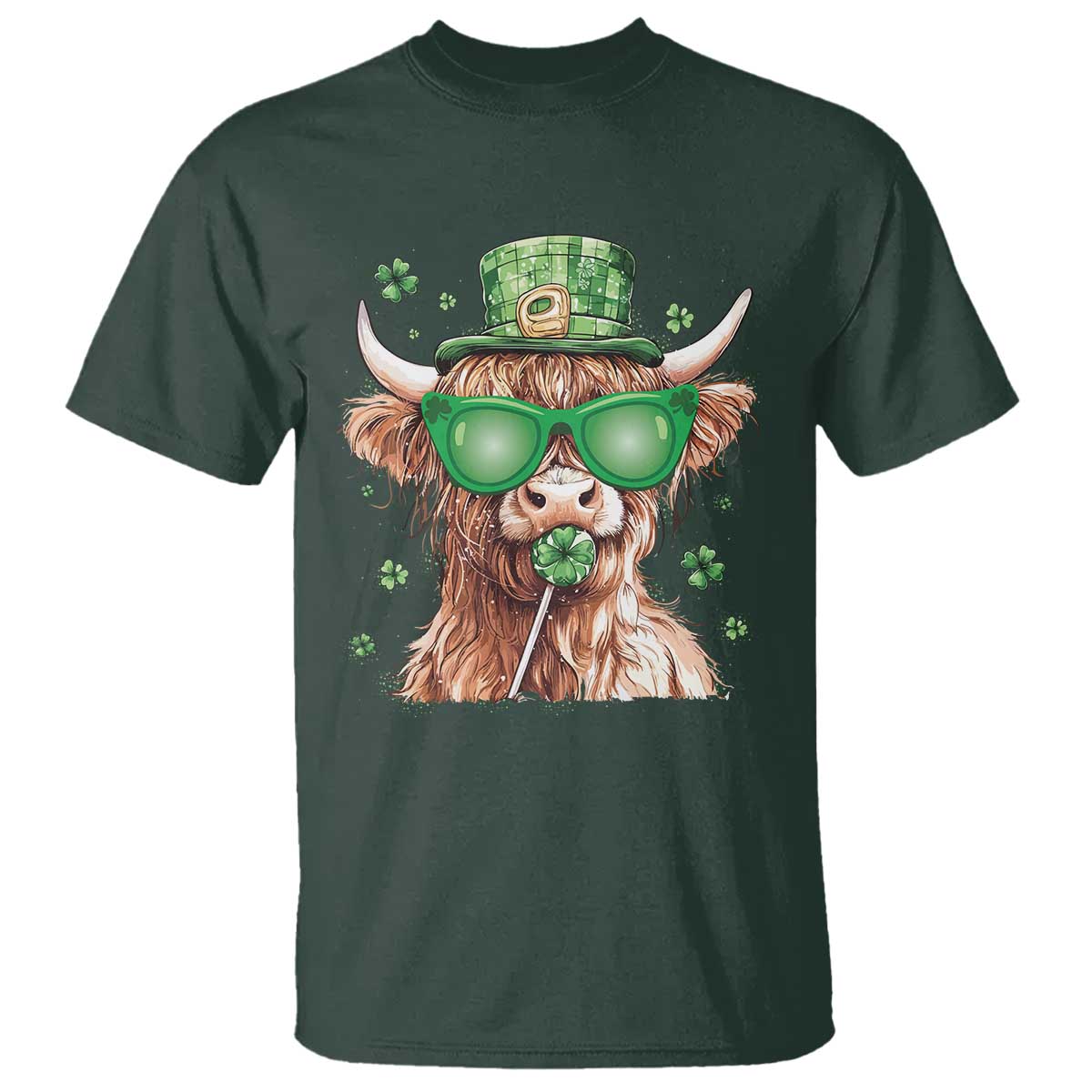 Funny St Patrick's Day Highland Cow Shamrock T Shirt TS11 Dark Forest Green Print Your Wear