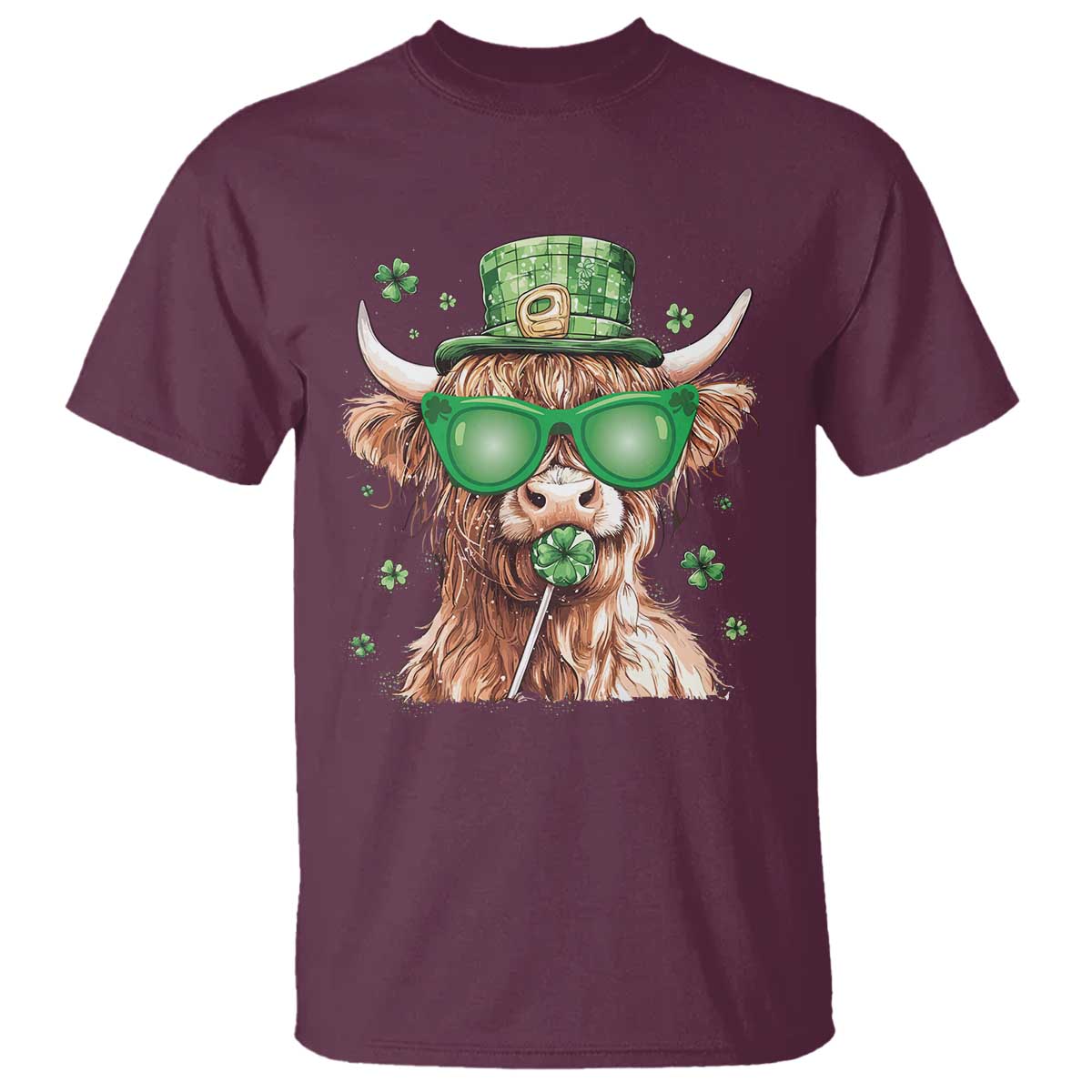 Funny St Patrick's Day Highland Cow Shamrock T Shirt TS11 Maroon Print Your Wear