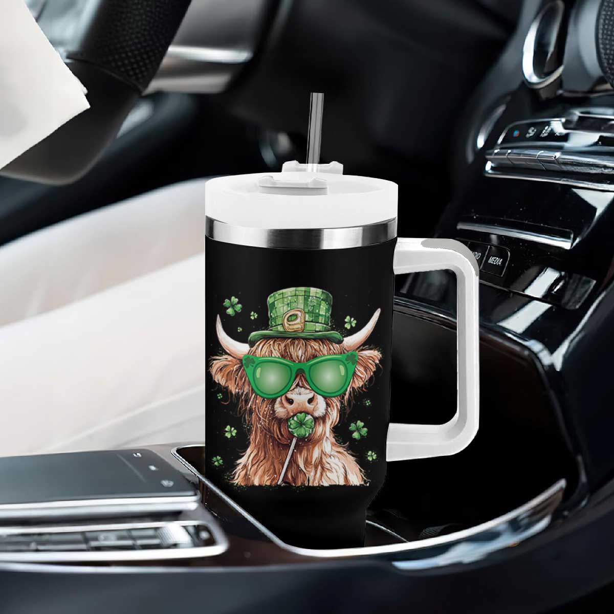 Funny St Patrick's Day Highland Cow Shamrock Tumbler With Handle TS11 Print Your Wear