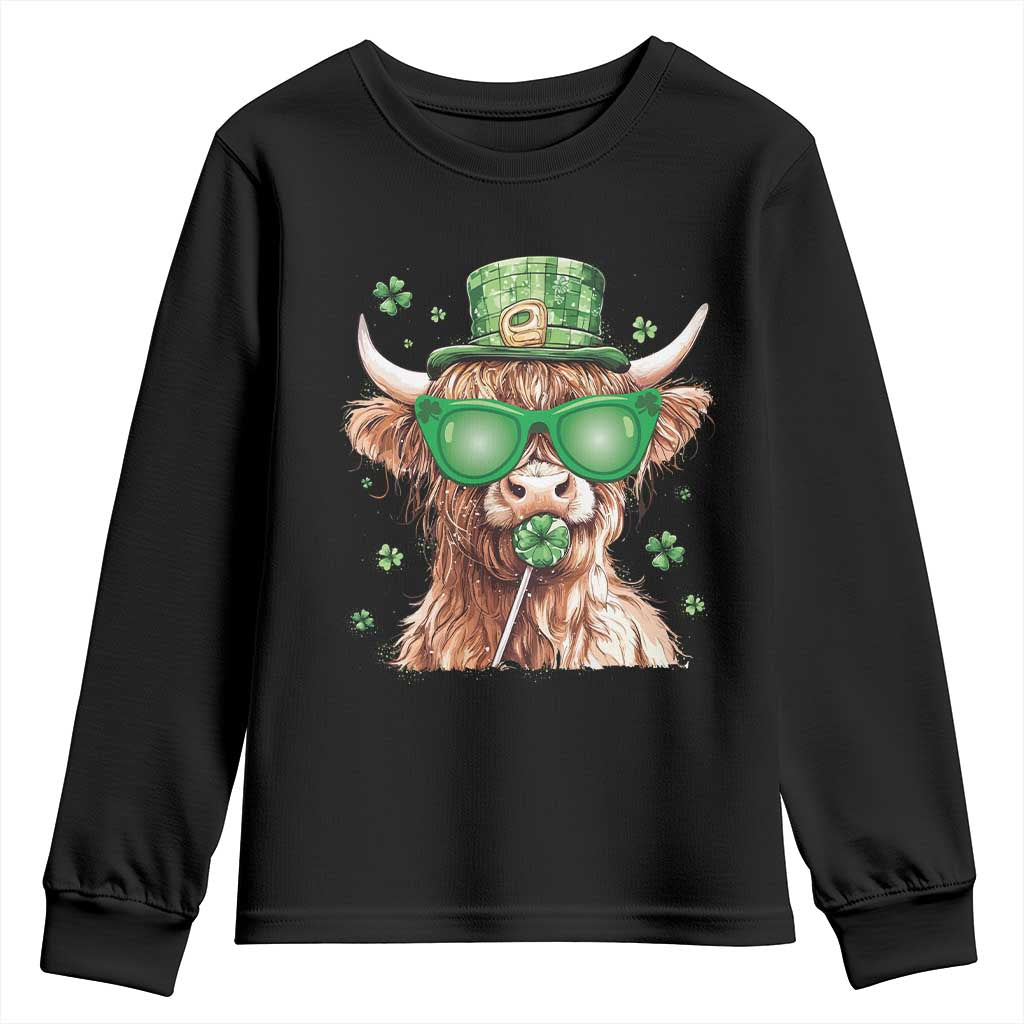Funny St Patrick's Day Highland Cow Shamrock Youth Sweatshirt TS11 Black Print Your Wear
