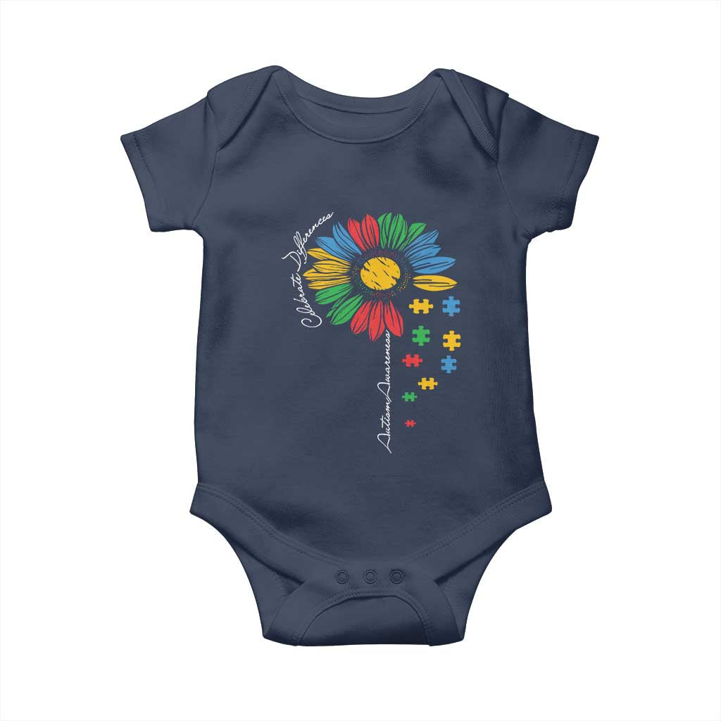 Autism Awareness Celebrate Differences Baby Onesie Sunflower Puzzle Pieces TS11 Navy Print Your Wear