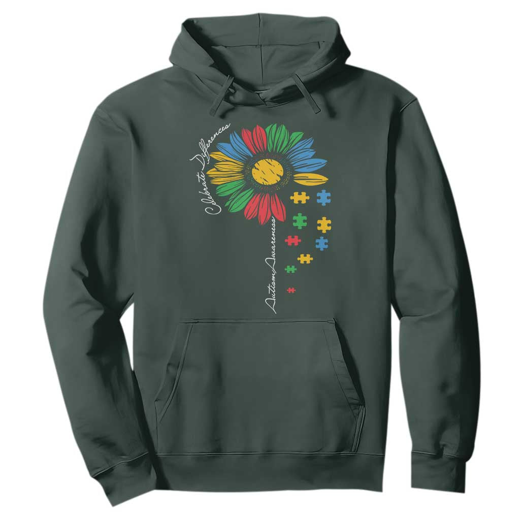 Autism Awareness Celebrate Differences Hoodie Sunflower Puzzle Pieces TS11 Dark Forest Green Print Your Wear