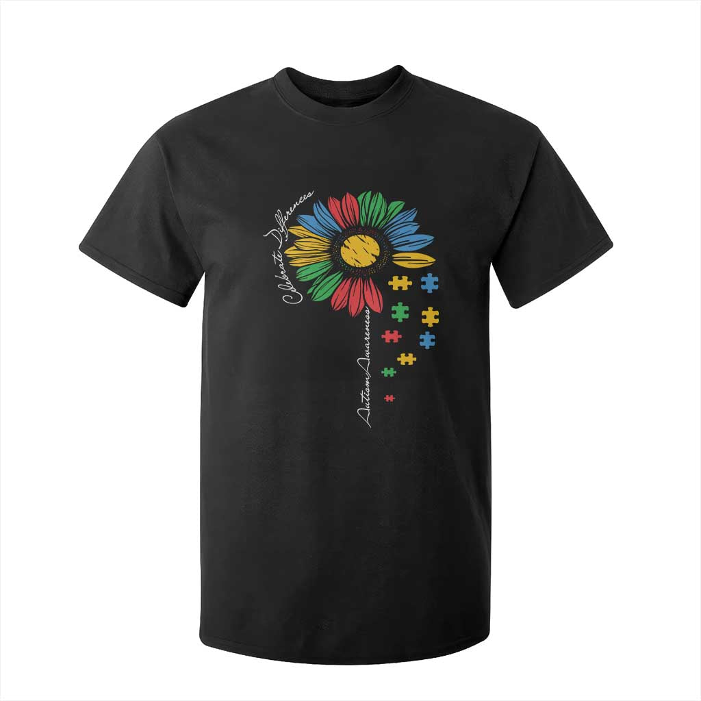 Autism Awareness Celebrate Differences T Shirt For Kid Sunflower Puzzle Pieces TS11 Black Print Your Wear