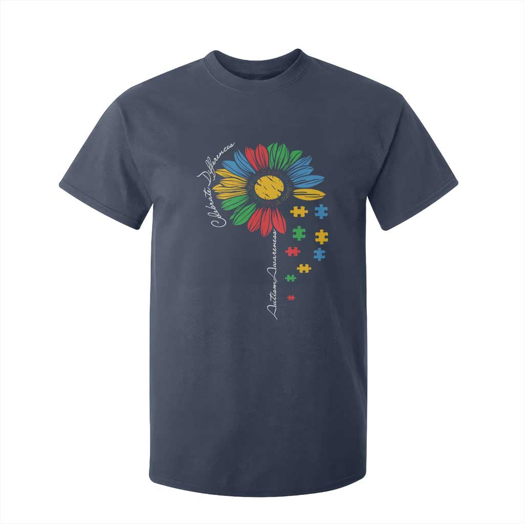 Autism Awareness Celebrate Differences T Shirt For Kid Sunflower Puzzle Pieces TS11 Navy Print Your Wear