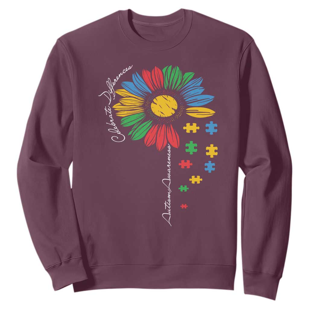 Autism Awareness Celebrate Differences Sweatshirt Sunflower Puzzle Pieces TS11 Maroon Print Your Wear