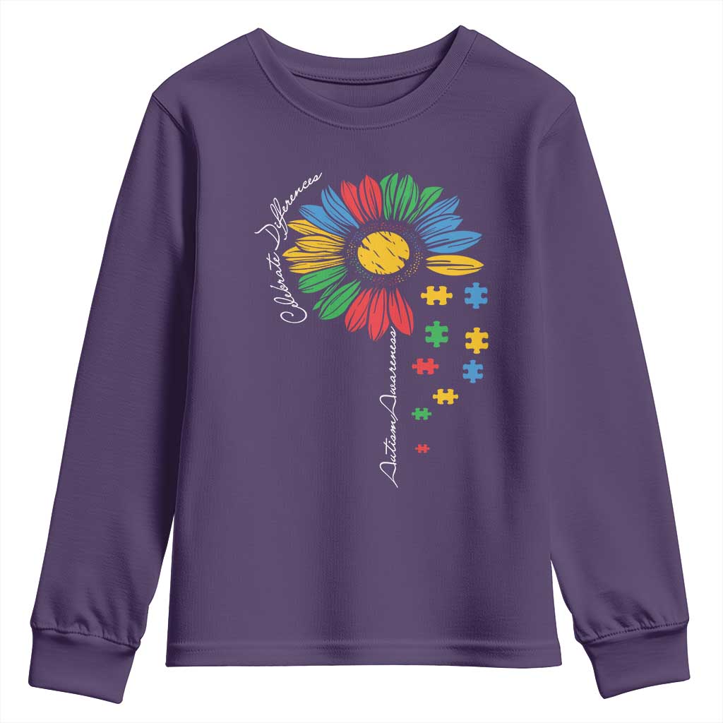 Autism Awareness Celebrate Differences Youth Sweatshirt Sunflower Puzzle Pieces TS11 Purple Print Your Wear