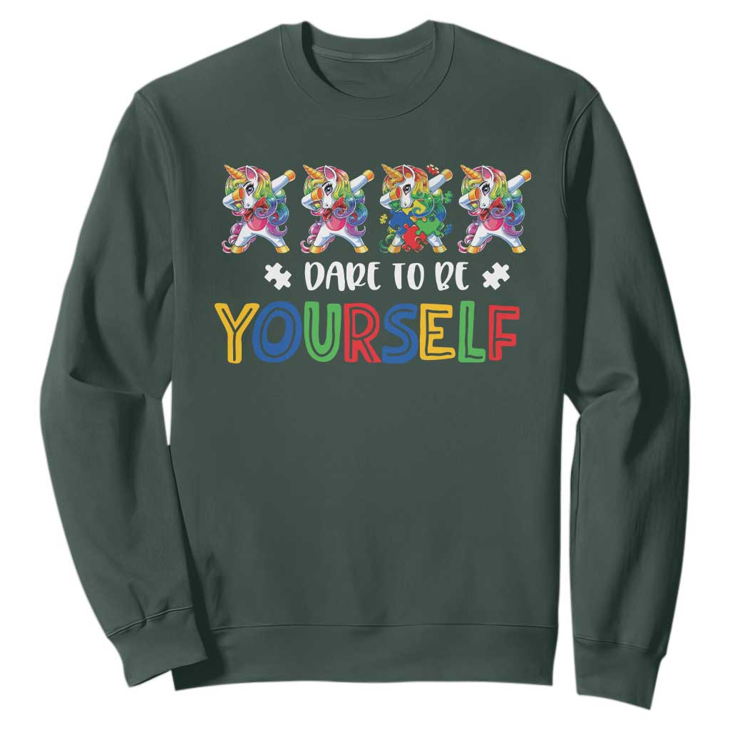 Funny Autism Awareness Dare To Be Yourself Sweatshirt Dabbing Unicorn TS11 Dark Forest Green Print Your Wear