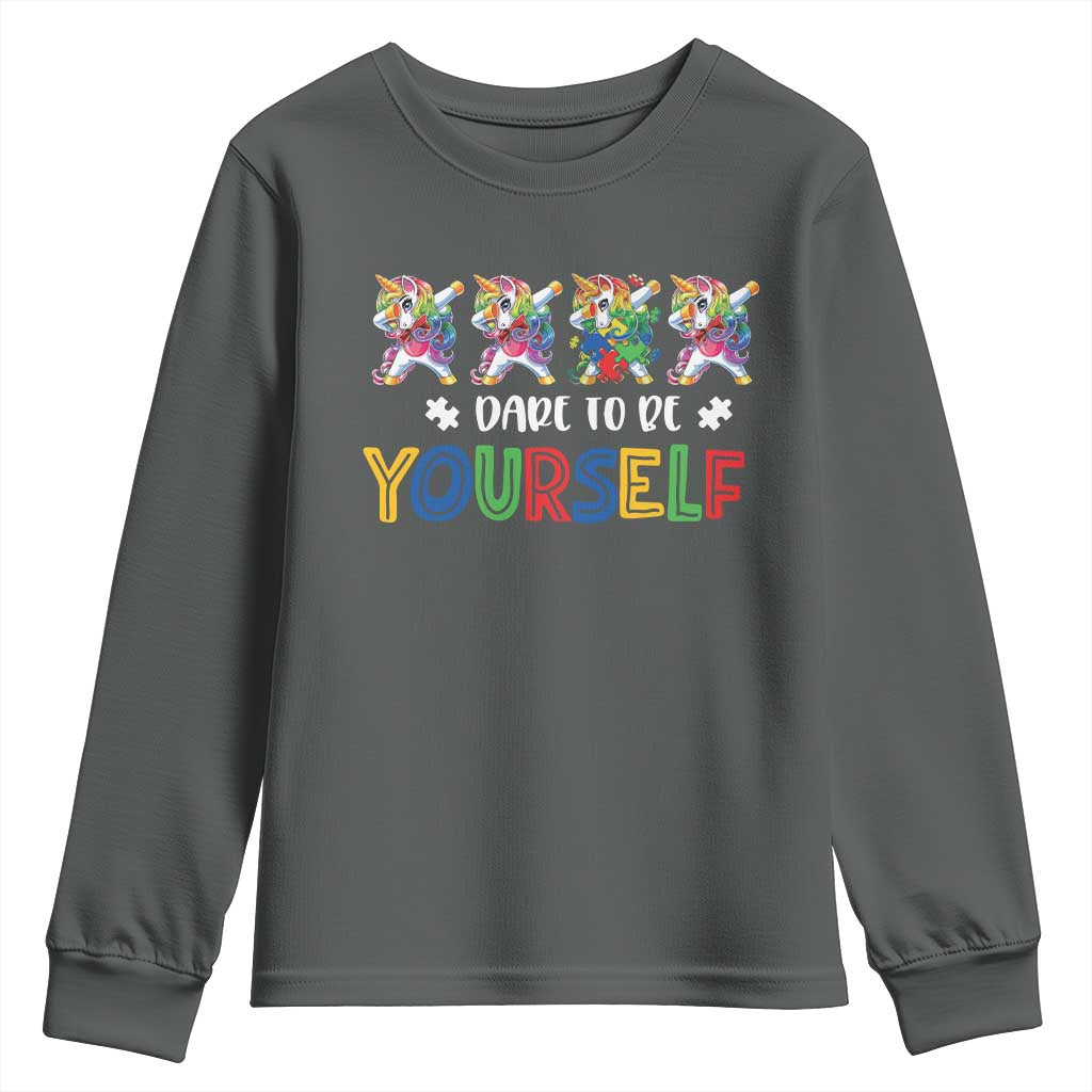 Funny Autism Awareness Dare To Be Yourself Youth Sweatshirt Dabbing Unicorn TS11 Dark Heather Print Your Wear