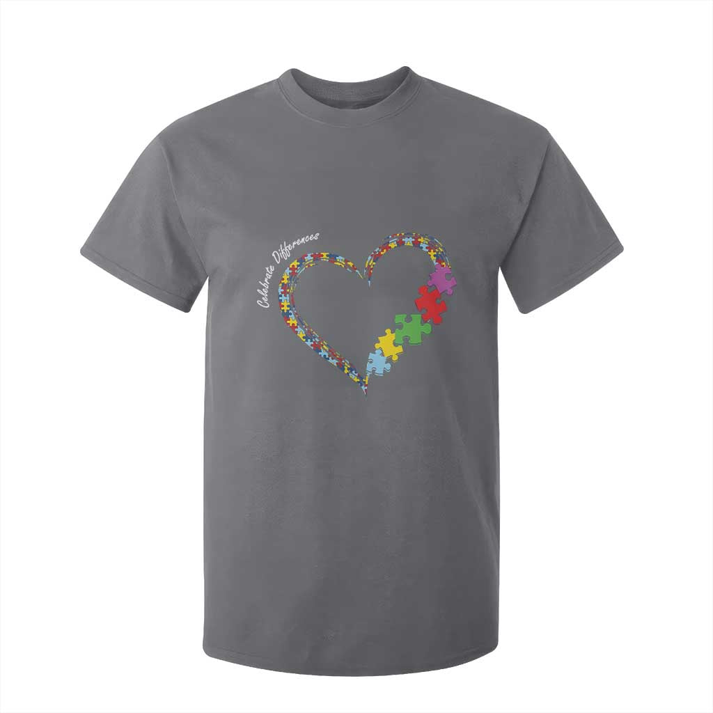 Autism Awareness Celebrate Differences T Shirt For Kid Love Heart Puzzle Pieces TS11 Charcoal Print Your Wear