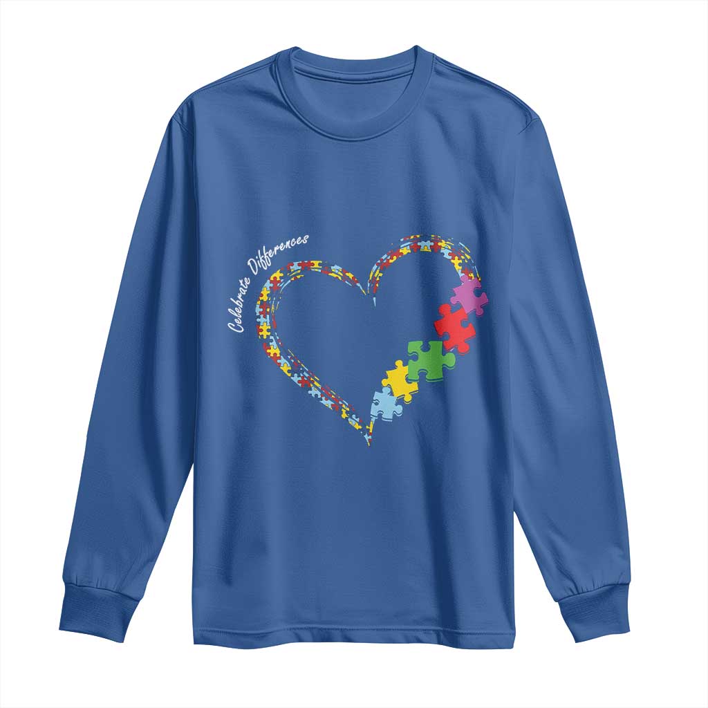 Autism Awareness Celebrate Differences Long Sleeve Shirt Love Heart Puzzle Pieces TS11 Royal Blue Print Your Wear