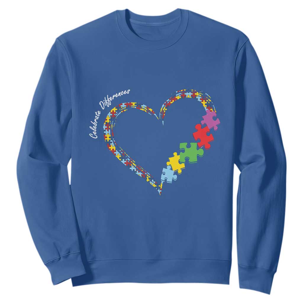 Autism Awareness Celebrate Differences Sweatshirt Love Heart Puzzle Pieces TS11 Royal Blue Print Your Wear