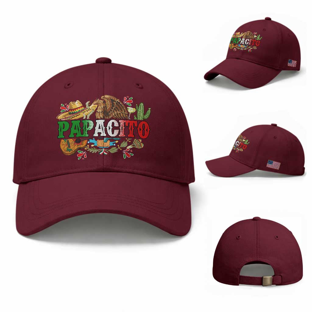 Funny Mexican Dad Papacito Baseball Cap Cinco De Mayo Golden Eagle Sombrero TS11 Baseball Cap Universal Fit Maroon Print Your Wear