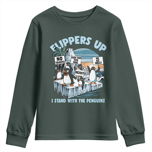 Flippers Up I Stand With The Peinguins Youth Sweatshirt Penguins Tariff Resist TS11 Dark Forest Green Print Your Wear