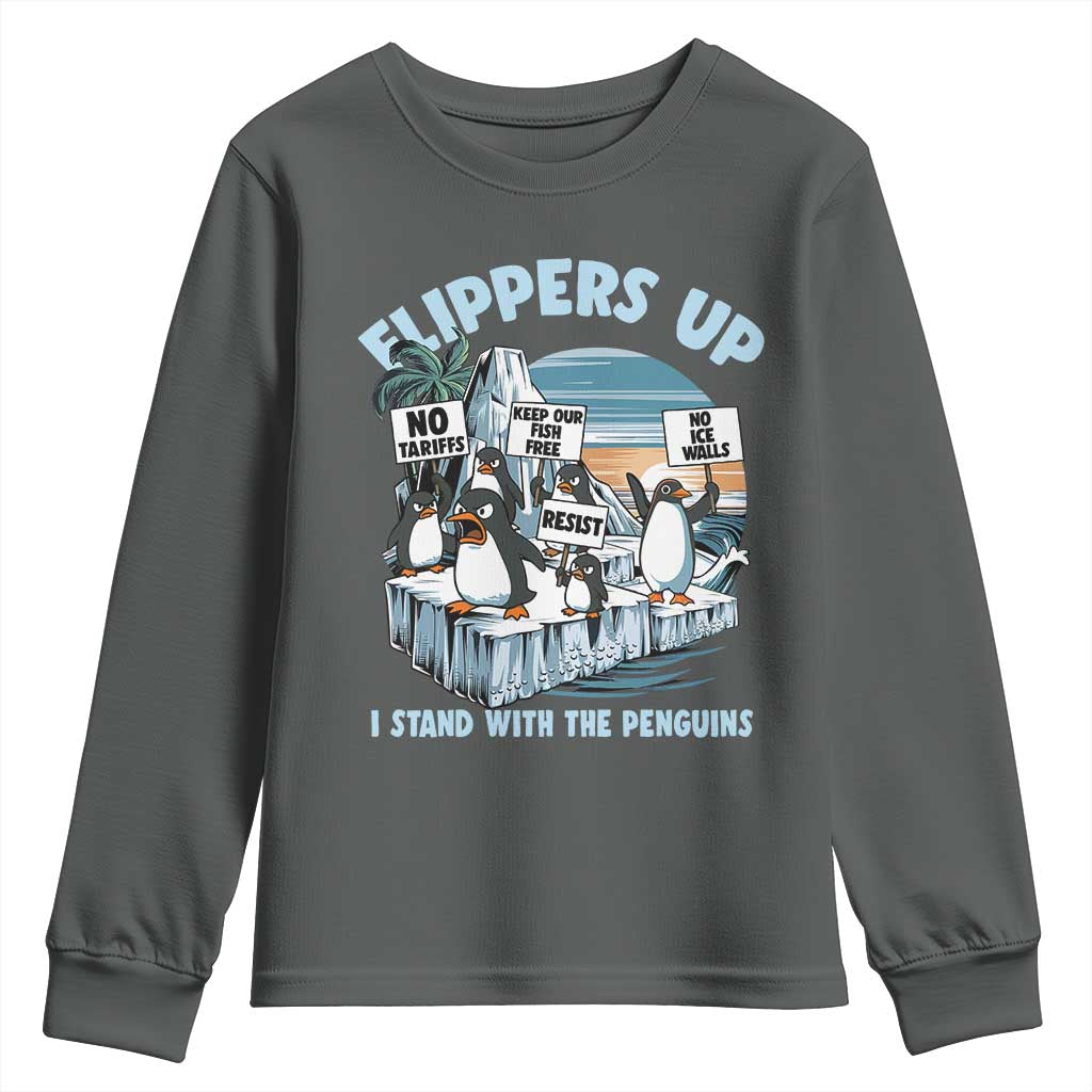 Flippers Up I Stand With The Peinguins Youth Sweatshirt Penguins Tariff Resist TS11 Dark Heather Print Your Wear