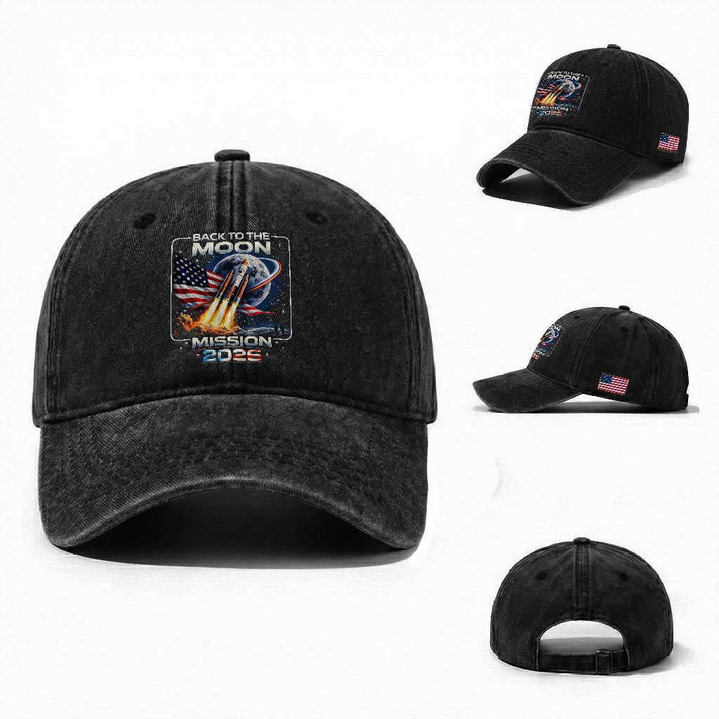 Back To The Moon Mission 2026 Washed Cotton Baseball Cap Rocket Launch Moon Space Program TS11 Washed Cap Universal Fit Black Print Your Wear