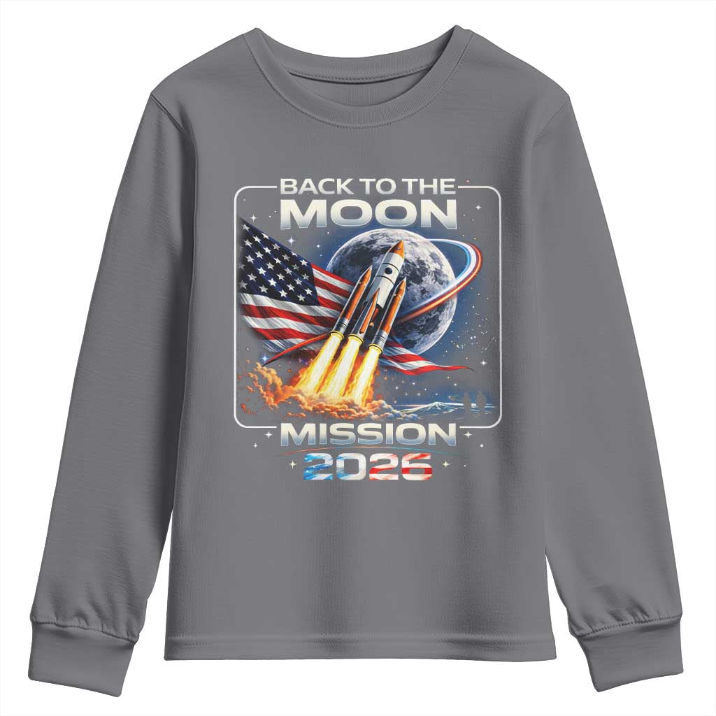 Back To The Moon Mission 2026 Youth Sweatshirt Rocket Launch Moon Space Program TS11 Charcoal Print Your Wear