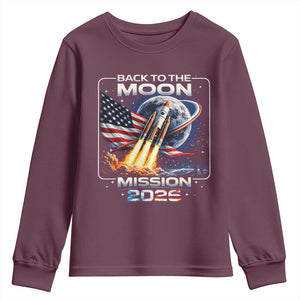 Back To The Moon Mission 2026 Youth Sweatshirt Rocket Launch Moon Space Program TS11 Maroon Print Your Wear