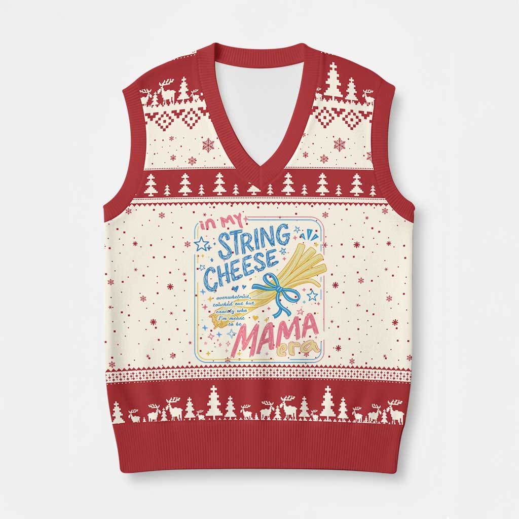 In My String Cheese Mama Era V-Neck Knit Sweater Vest Funny Mom Life Coquette Bow TS11 Beige Red Print Your Wear