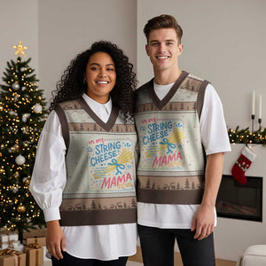 In My String Cheese Mama Era V-Neck Knit Sweater Vest Funny Mom Life Coquette Bow TS11 Mocha Mousse Print Your Wear