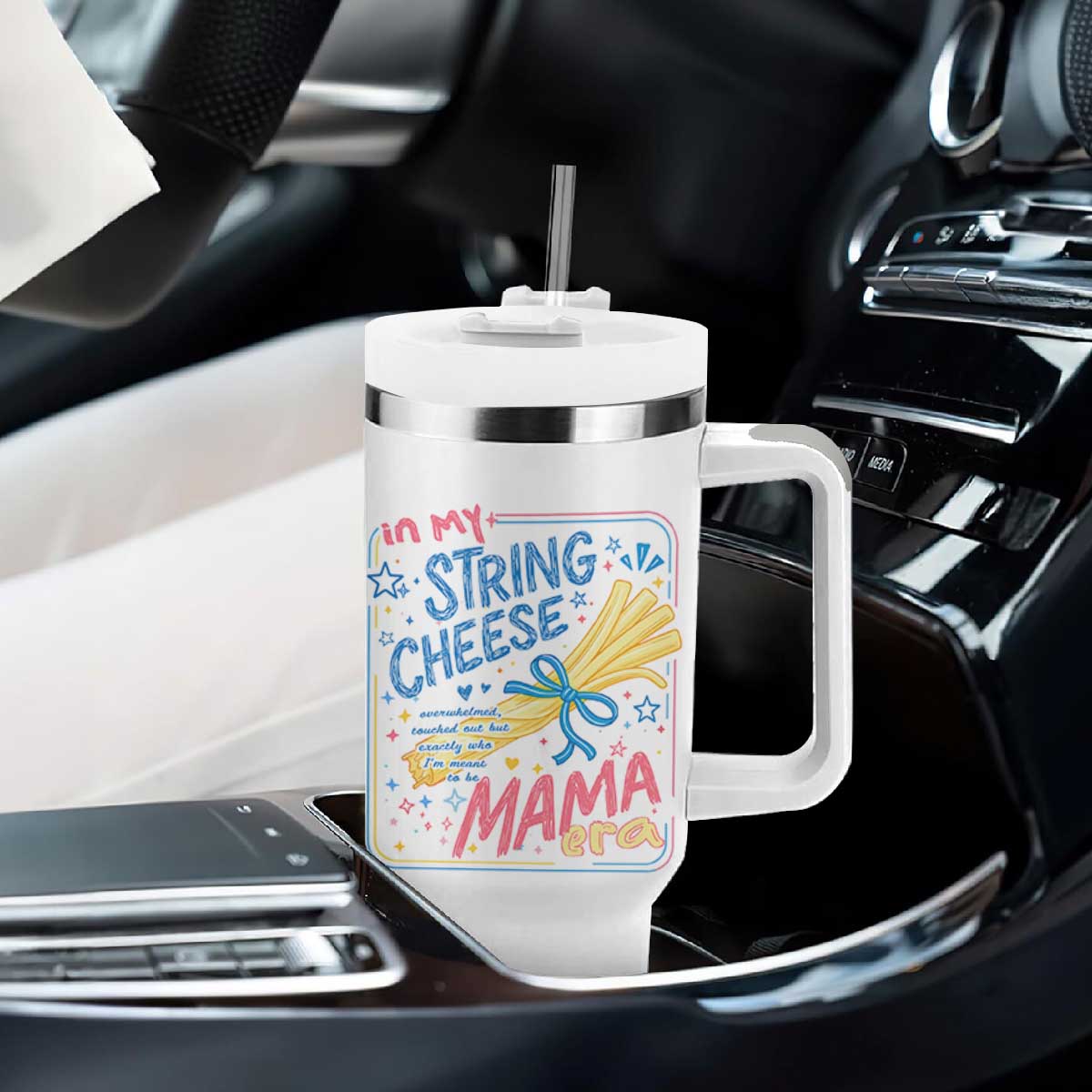 In My String Cheese Mama Era Tumbler With Handle Funny Mom Life Coquette Bow TS11 Print Your Wear