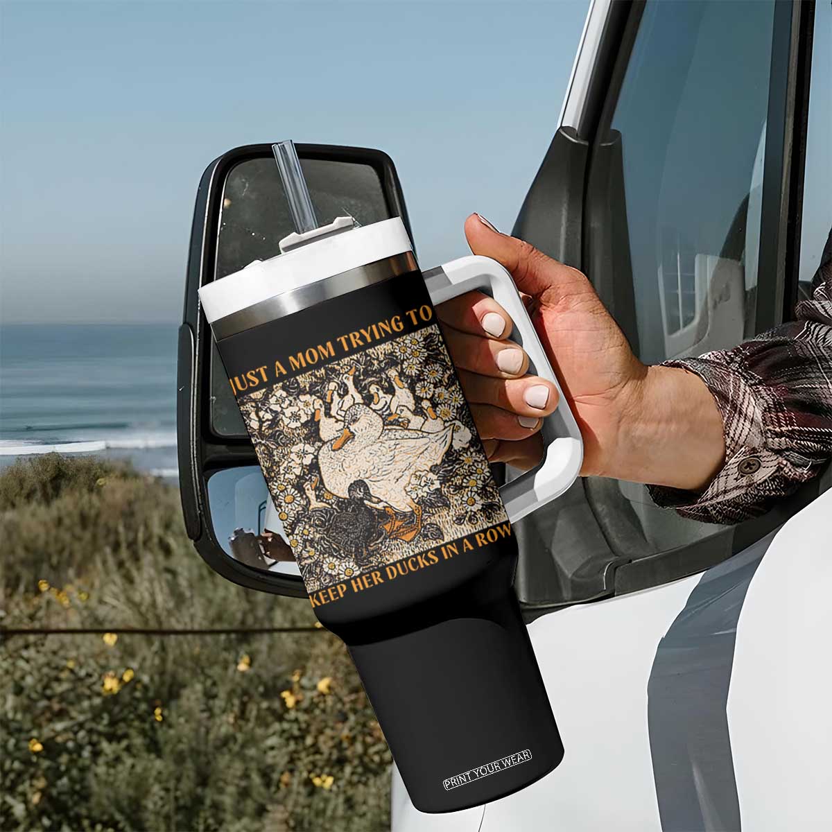 Just A Mom Trying To Keep Her Ducks In A Row Tumbler With Handle Funny Duck Mom TS11 Print Your Wear