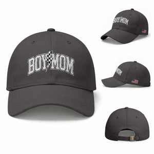 Boy Mom Lightning Bolt Checkered Varsity Son Mama Baseball Cap TS11 Baseball Cap Universal Fit Dark Gray Print Your Wear