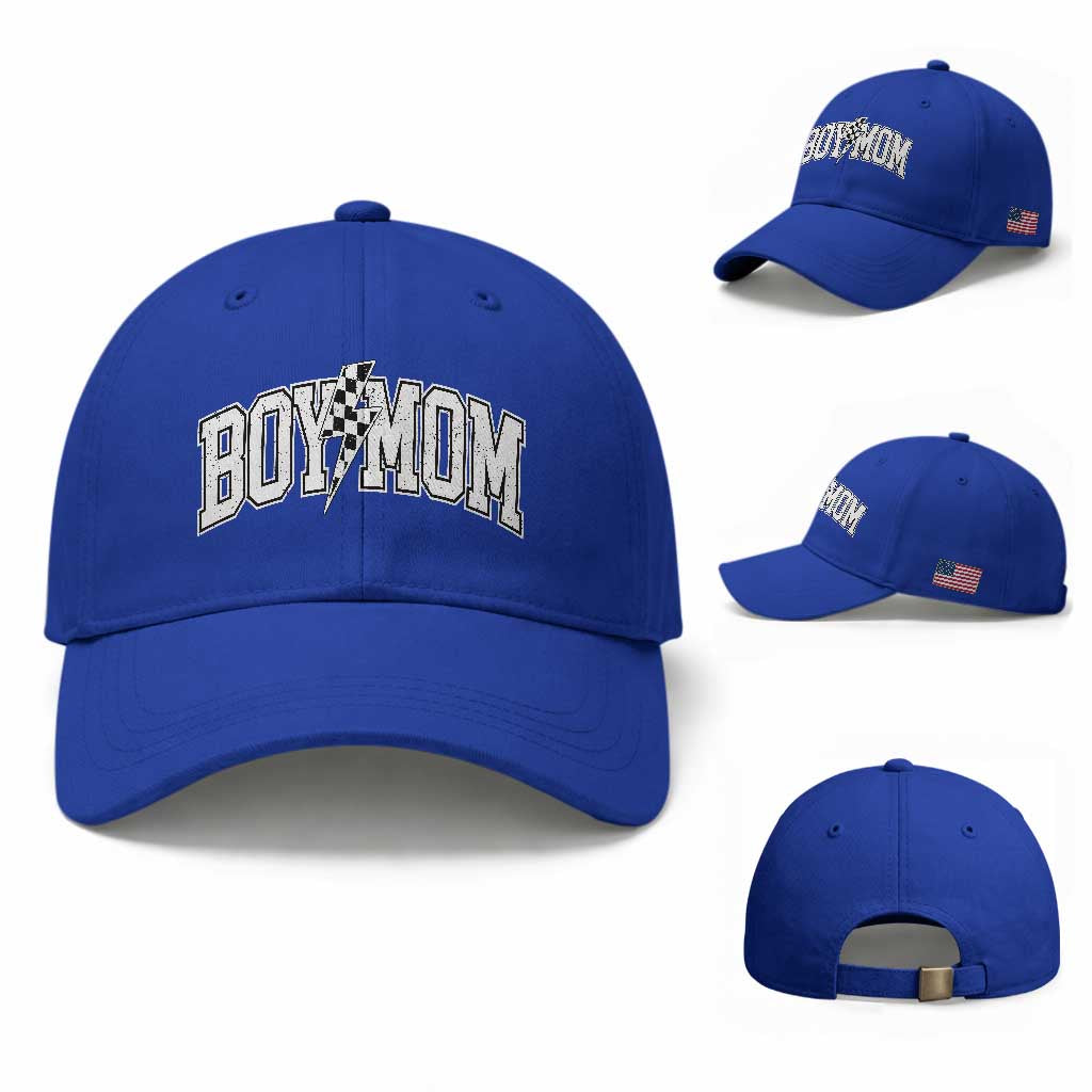 Boy Mom Lightning Bolt Checkered Varsity Son Mama Baseball Cap TS11 Baseball Cap Universal Fit Royal Blue Print Your Wear