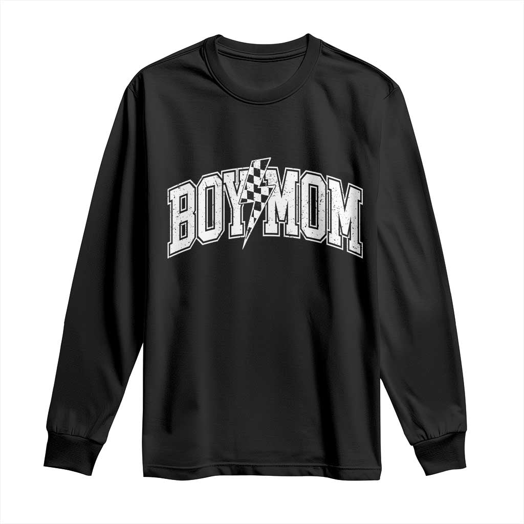 Boy Mom Lightning Bolt Checkered Varsity Son Mama Long Sleeve Shirt TS11 Black Print Your Wear