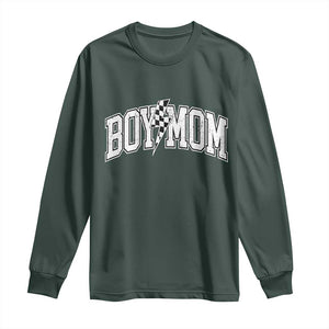 Boy Mom Lightning Bolt Checkered Varsity Son Mama Long Sleeve Shirt TS11 Dark Forest Green Print Your Wear