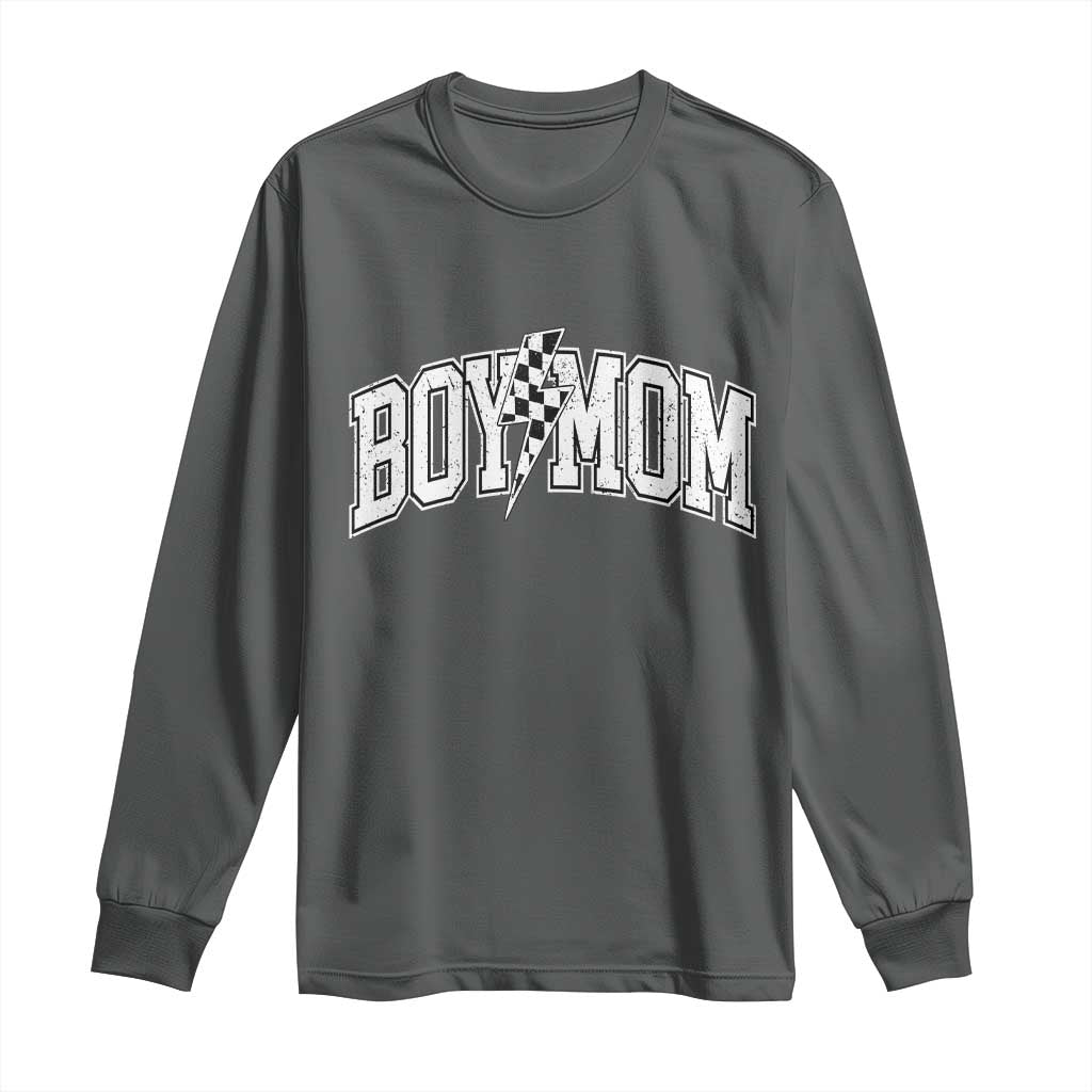 Boy Mom Lightning Bolt Checkered Varsity Son Mama Long Sleeve Shirt TS11 Dark Heather Print Your Wear