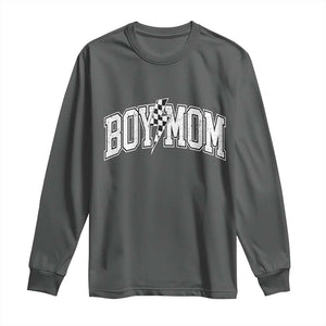 Boy Mom Lightning Bolt Checkered Varsity Son Mama Long Sleeve Shirt TS11 Dark Heather Print Your Wear