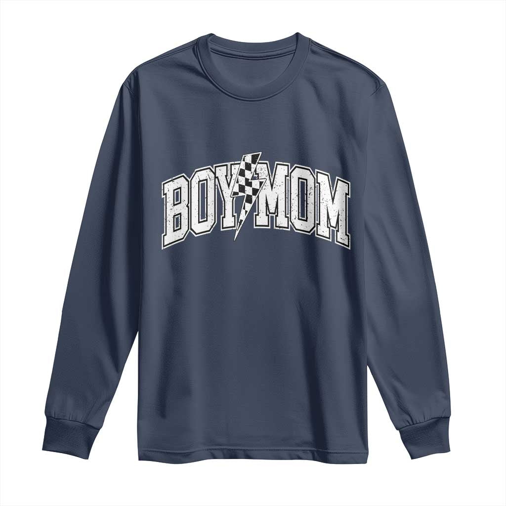Boy Mom Lightning Bolt Checkered Varsity Son Mama Long Sleeve Shirt TS11 Navy Print Your Wear